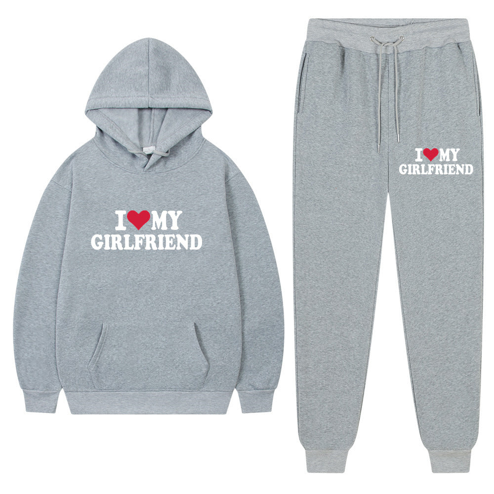 I love my girlfriend print casual suit sweatshirt 2023 New Fashion men long sleeve hoodie trousers