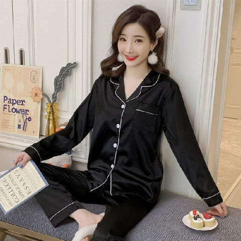 Imitation Silk Pajamas Women's Autumn Long-sleeved Ice Silk Two-piece Set Korean Casual Cardigan Silk Pajamas Outwear Home Clothes
