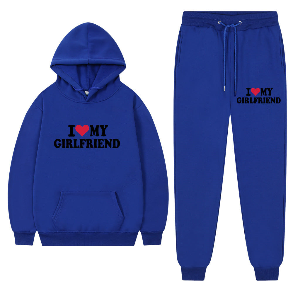 I love my girlfriend print casual suit sweatshirt 2023 New Fashion men long sleeve hoodie trousers