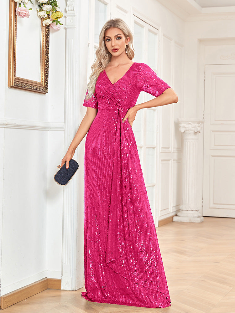 New 2023 Dress Sexy Long Dress Short Sleeve V-Neck Beaded Slim-fit Fishtail Bridesmaid Banquet Evening Dress for Women