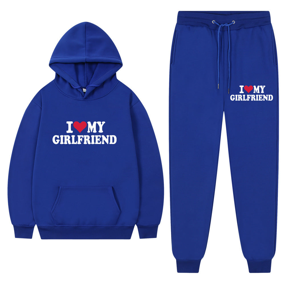 I love my girlfriend print casual suit sweatshirt 2023 New Fashion men long sleeve hoodie trousers