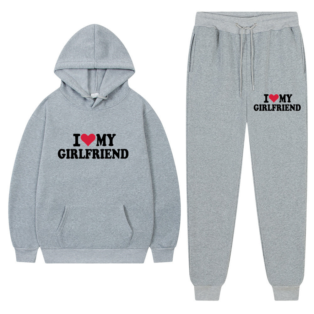 I love my girlfriend print casual suit sweatshirt 2023 New Fashion men long sleeve hoodie trousers