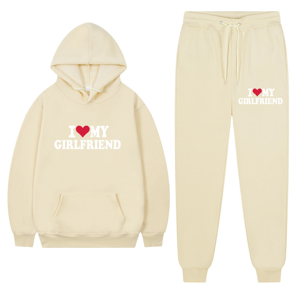 I love my girlfriend print casual suit sweatshirt 2023 New Fashion men long sleeve hoodie trousers
