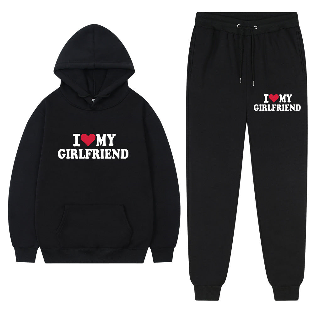 I love my girlfriend print casual suit sweatshirt 2023 New Fashion men long sleeve hoodie trousers