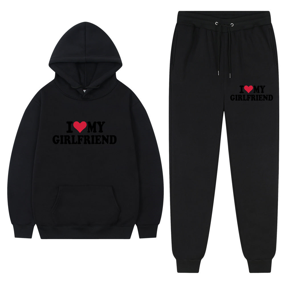 I love my girlfriend print casual suit sweatshirt 2023 New Fashion men long sleeve hoodie trousers