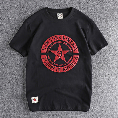 Men Pentagram O-Neck Short Sleeve Letter Print T-Shirt 100% Cotton, Old Washed Casual Tops, American Retro Fashion, New, Summer