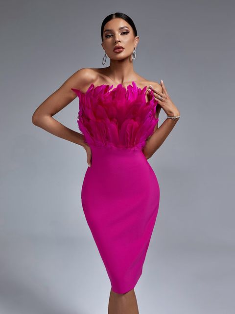 Pink Bandage Dress Women Feather Party Dress Bodycon Elegant Midi Sexy Strapless Evening Birthday Club Outfits Summer 2023