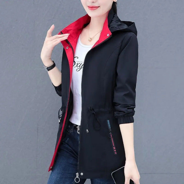Spring Autumn Female Windbreaker New Solid Hooded Zipper Mid Length Velvet Winter Jacket Coat Women Outerwear Gabardina Mujer