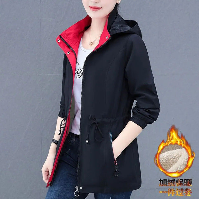 Spring Autumn Female Windbreaker New Solid Hooded Zipper Mid Length Velvet Winter Jacket Coat Women Outerwear Gabardina Mujer