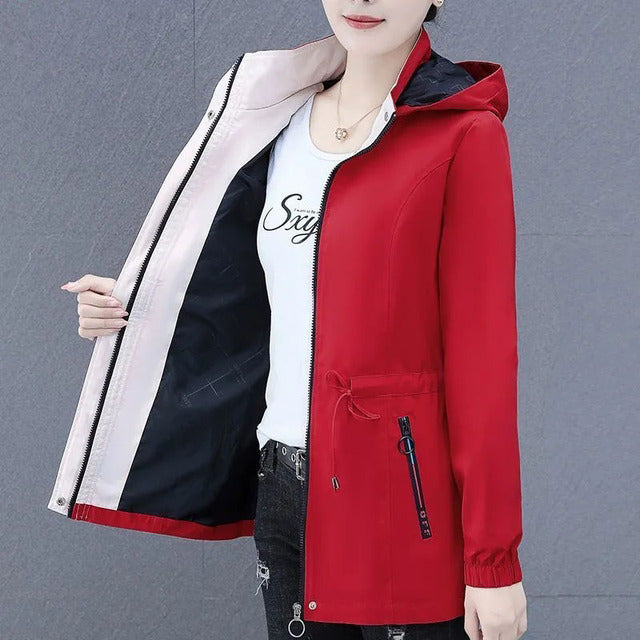 Spring Autumn Female Windbreaker New Solid Hooded Zipper Mid Length Velvet Winter Jacket Coat Women Outerwear Gabardina Mujer