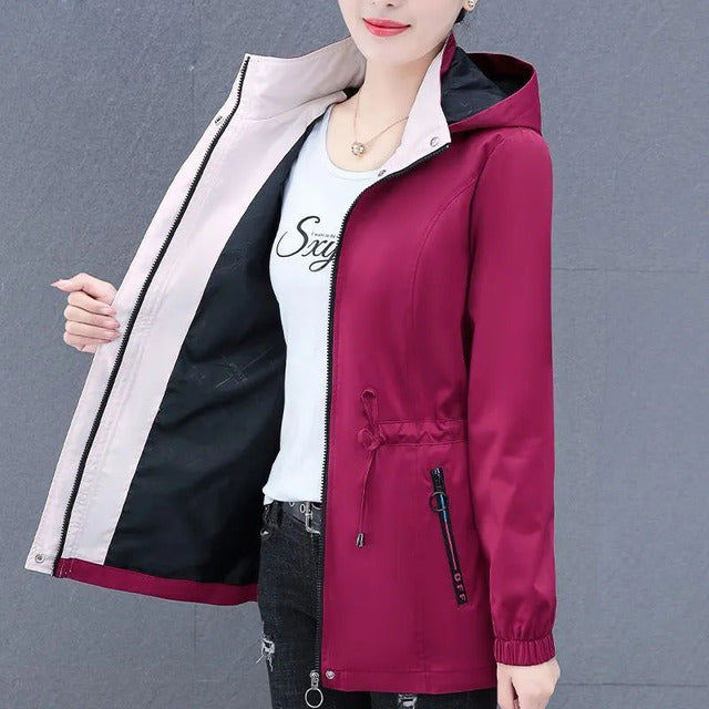 Spring Autumn Female Windbreaker New Solid Hooded Zipper Mid Length Velvet Winter Jacket Coat Women Outerwear Gabardina Mujer