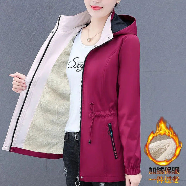Spring Autumn Female Windbreaker New Solid Hooded Zipper Mid Length Velvet Winter Jacket Coat Women Outerwear Gabardina Mujer