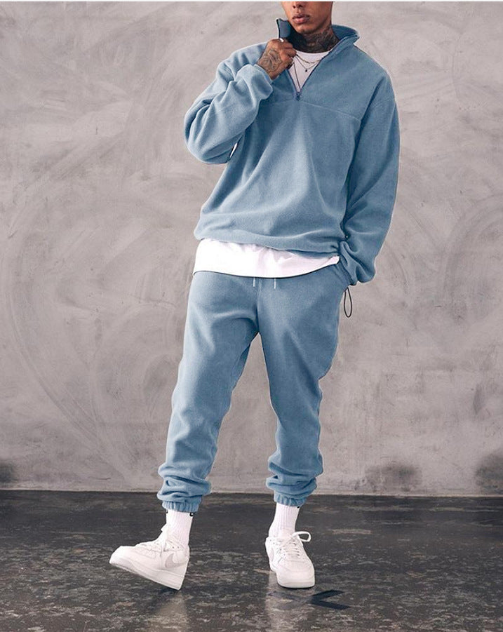 Casual Stand Collar Thick Long-Sleeved T-Shirt Loose Plus Fleece Sweater Men's Suit