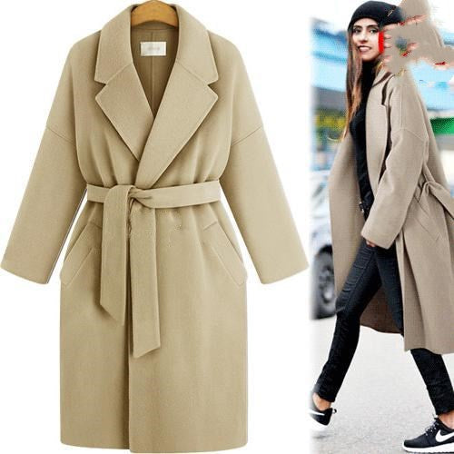winter new style plus size women's pure color lace-up windbreaker loose coat long woolen coat women