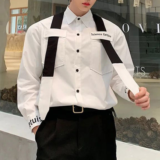 Mens Y2k Letter Print Contrasting Color Tie Casual Long-Sleeved Shirt Autumn Genderless Fashion Personality Versatile Top Unisex