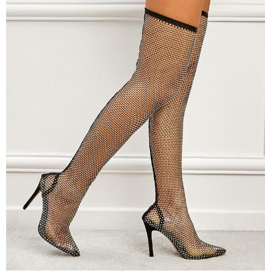 Eilyken Design Crystal Rhinestone Mesh Stretch Fabric Sexy High Heels Sock Over-the-Knee Boots PVC Transparent Pointed Toe Shoes