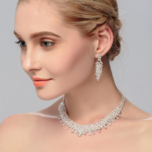 Bridal Tiara, three piece Wedding Necklace, Earring Jewelry Set, European and American big wedding accessories wholesale