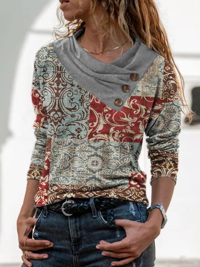 Stripe Positioning Print Button Discount V-Neck Pullover Fashion Autumn Winter Top