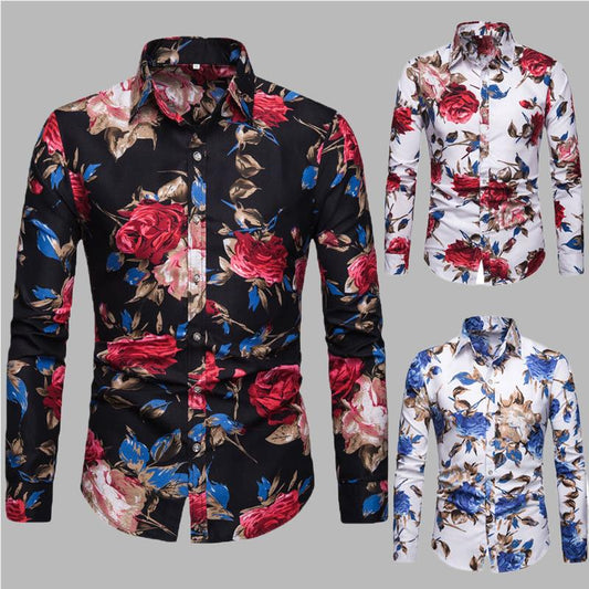 Spring and Autumn Men's Long-sleeved Flower Shirt Large Yards Lapel Repair Shirt Non-iron Casual Men