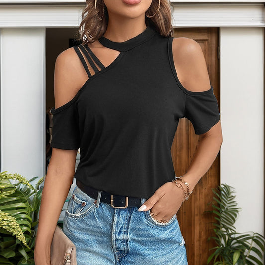 Asymmetric Cold Shoulder Short Sleeve T-Shirt