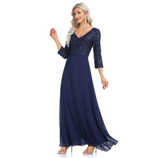 Women's Chiffon V-neck 34 Sleeves Sequined Evening Dress