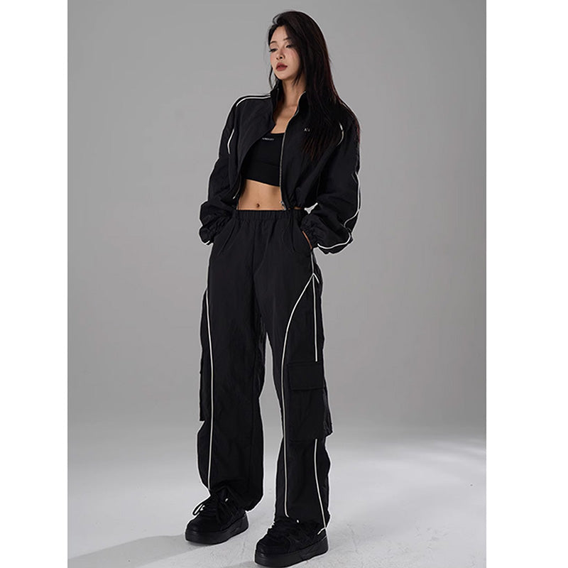 Hip Hop Sports Suit Two-piece Set Women Black Short Track Jacket +Sweatpants Joggers Dance Tracksuit Female Cropped Jacket Sets
