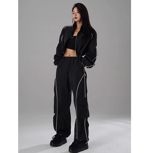 Hip Hop Sports Suit Two-piece Set Women Black Short Track Jacket +Sweatpants Joggers Dance Tracksuit Female Cropped Jacket Sets