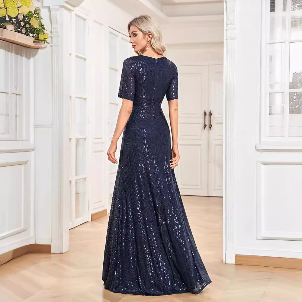New 2023 Dress Sexy Long Dress Short Sleeve V-Neck Beaded Slim-fit Fishtail Bridesmaid Banquet Evening Dress for Women