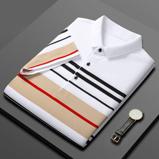 Pure Cotton Striped POLO Shirt Men's Light Business T-shirt Short-sleeved Men's POLO Stretch Patchwork Lapel Golf T-shirt