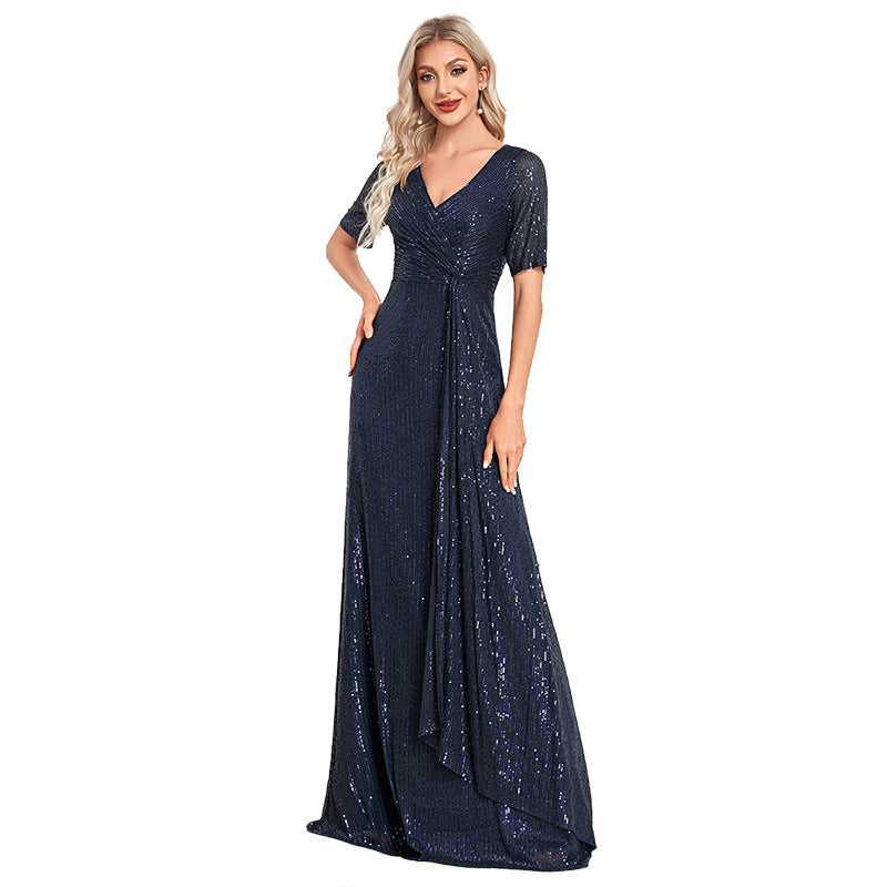 New 2023 Dress Sexy Long Dress Short Sleeve V-Neck Beaded Slim-fit Fishtail Bridesmaid Banquet Evening Dress for Women