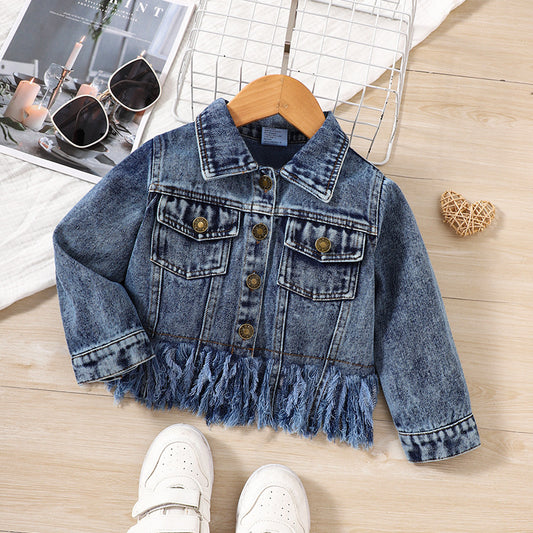 New Jean Jacket Girls' Top Girls' Autumn Coat Tassels Hem Versatile Top Fashion Suitable for 1-6 Years Old