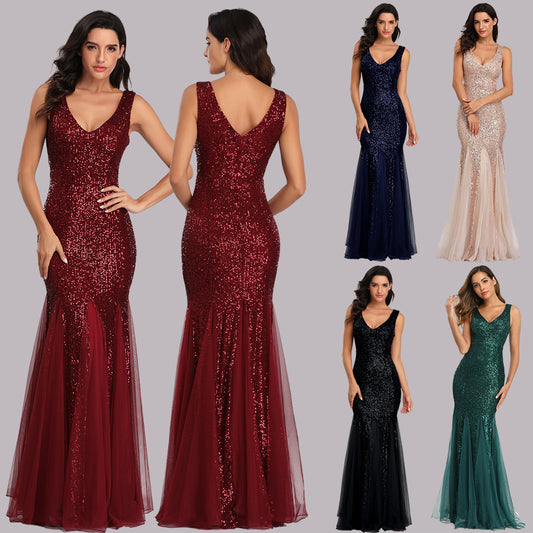 2024 Sequin Stitching Mesh Mermaid Plus Size Evening Gown Double V Neck Sleeveless Hot Selling Bridesmaid Elastic Gown