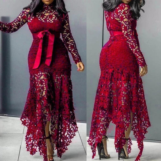 Dress Long Dress Bodycon Sexy Women Long Sleeve Bow Belted Irregular Hem Hollow Lace Long Dress