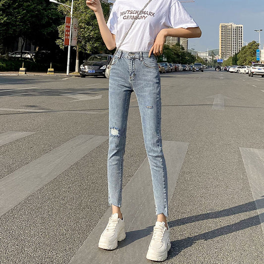 Light Blue Ripped Jeans Women's Thin And Tall Nine-point Pencil Feet Pants