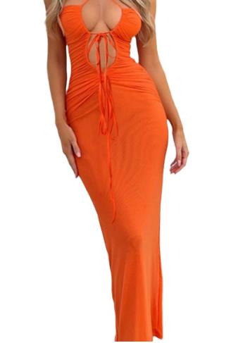 hirigin Women Long Bodycon Dress Solid Color Cutout Tie-Up Cross Halter Neck Tight Dress Sleeveless Backless Party Dress