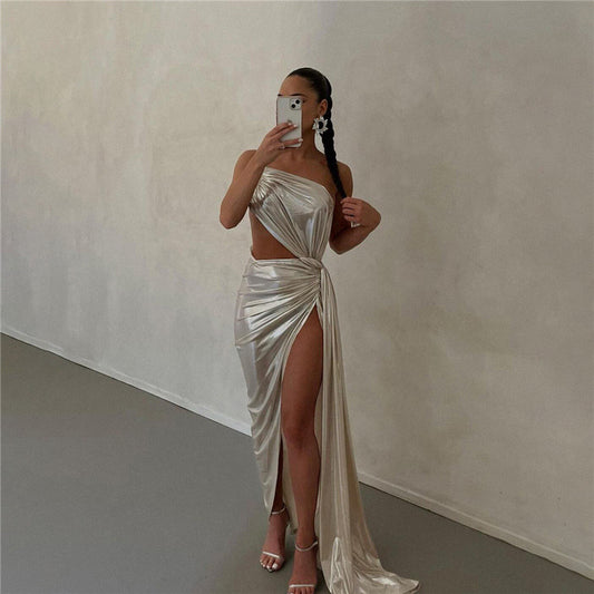 Women's Dress Fashion Sexy Backless Open Design Sense Temperament Slim Silver Backless Elegant Dress Suitable for Banquets, Parties