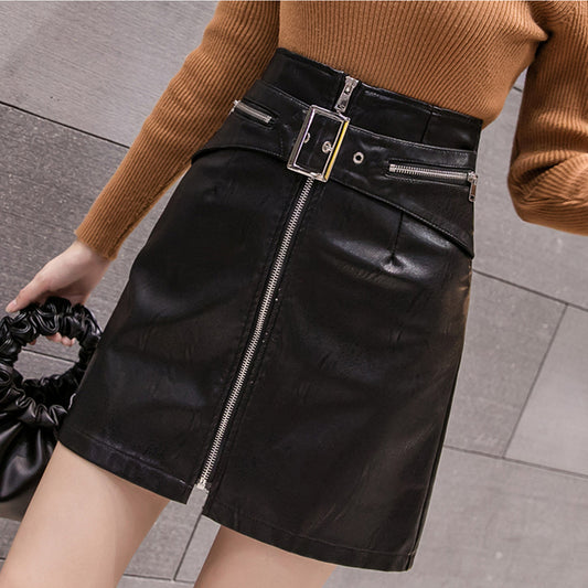 PU Leather A Line Skirt Women Belt Zipper High Waist Women's Mini Skirts Black 2023 Autumn Fashion Streetwear Bottoms Female