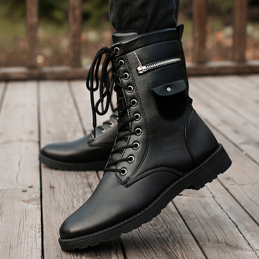PU Leather Men Motorcycle Boots Men's Military Riding Hunting Walking Shoes Autumn Winter Mid-Calf Boots Brand Designer Boots