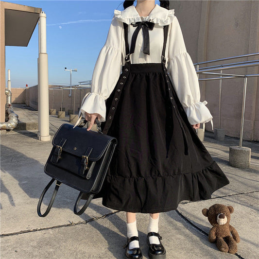 Korean Style Loose French Style College Style Slip Skirt Women's Mid-length Student Strap Dress + Long Sleeve Shirt Set