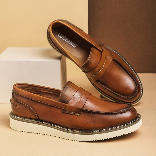 Men's Loafers Breathable Top Layer Cowhide Business Men's Shoes Round Toe Thick-soled Casual Shoes Non-slip Retro Yacht Shoes
