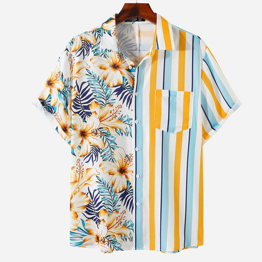Cross-border 2023 new men's shirt 3D digital printing short sleeve lapel striped shirt men's short cardigan top