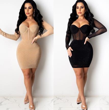 CM.YAYA Women Hot Rhinestones Splicing Mesh See Though Plunging V-neck Long Sleeve Bodycon Midi Dress Sexy Night Party Dresses