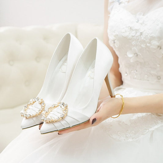 2023 New White High Heels Women's Pearl Rhinestone Large Size Wedding Shoes Dress Bridesmaid Shoes Bride Satin Wedding Shoes