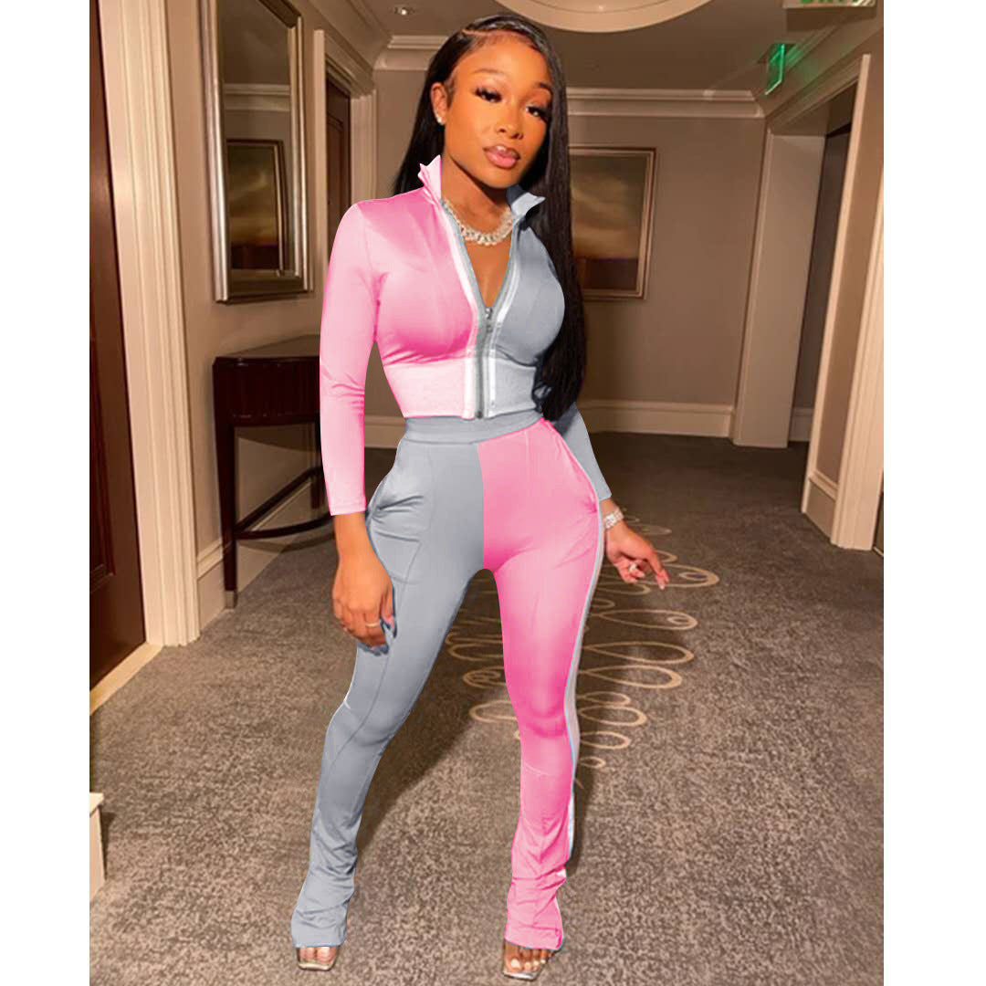 Pure Color Splicing Fashion Sports and Leisure Two-Piece Suit