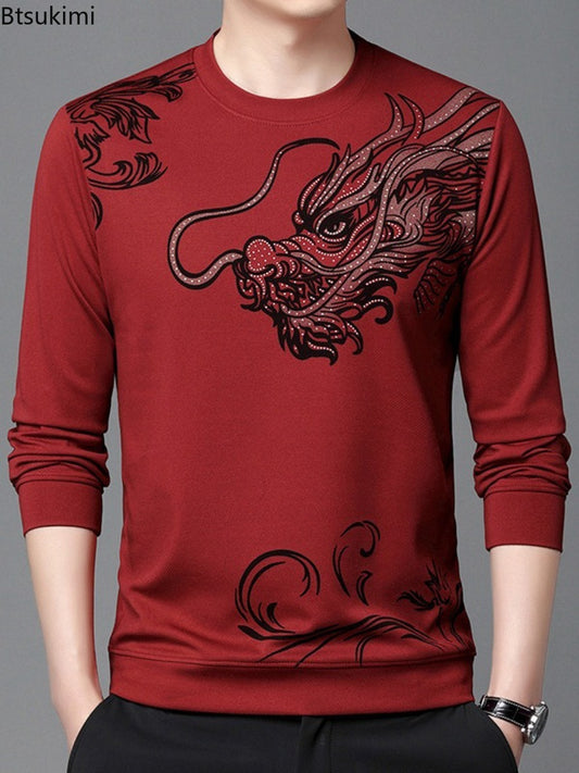 2024 Fashion Men's Round Neck Long Sleeved Hoodie Trend Chinese Dragon Print Casual Pullover Tops High Quality Sweatshirts Male