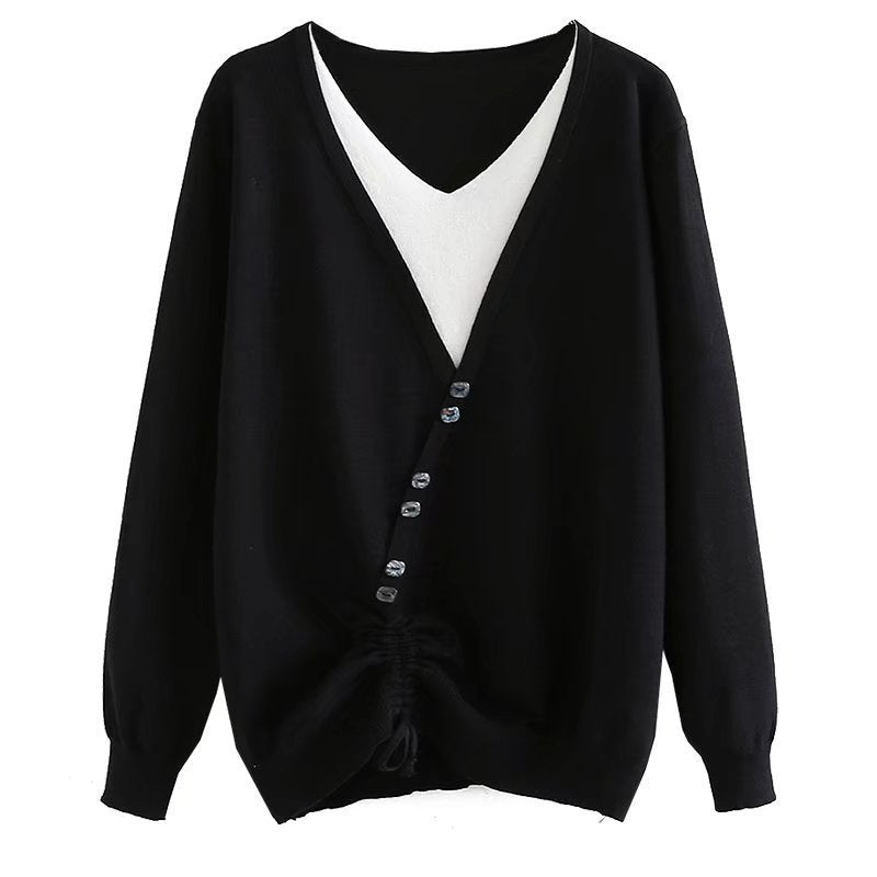 New Autumn Winter Plus Size Knit Tops For Women Large Pullover Long Sleeve Slim Elastic Stripe V-neck Sweater