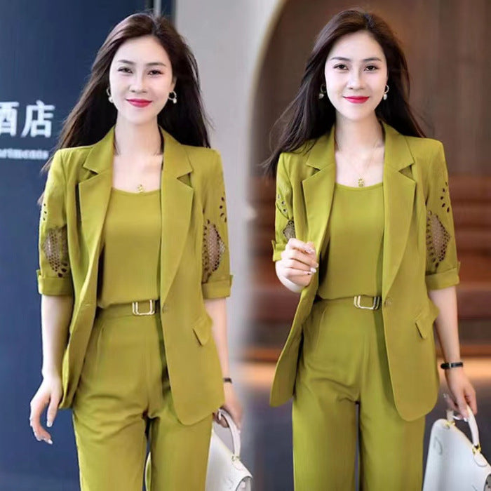 Professional Suit three-piece women's 2023 new fashion summer slimming foreign temperament harem pants suit thin