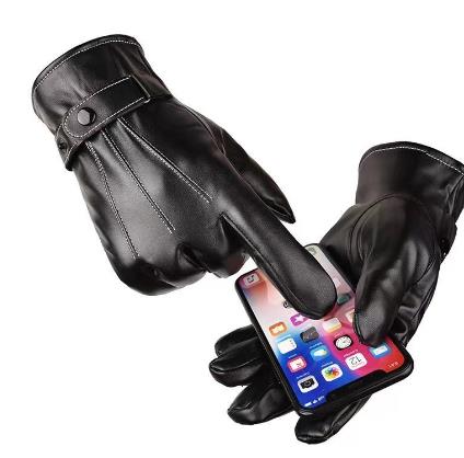 Touch Screen Leather Gloves For Men, Warm In Winter, Plush, Wind Proof And Cold Proof, Black, Three Thread, Father's Day, Valentine's Day Gift