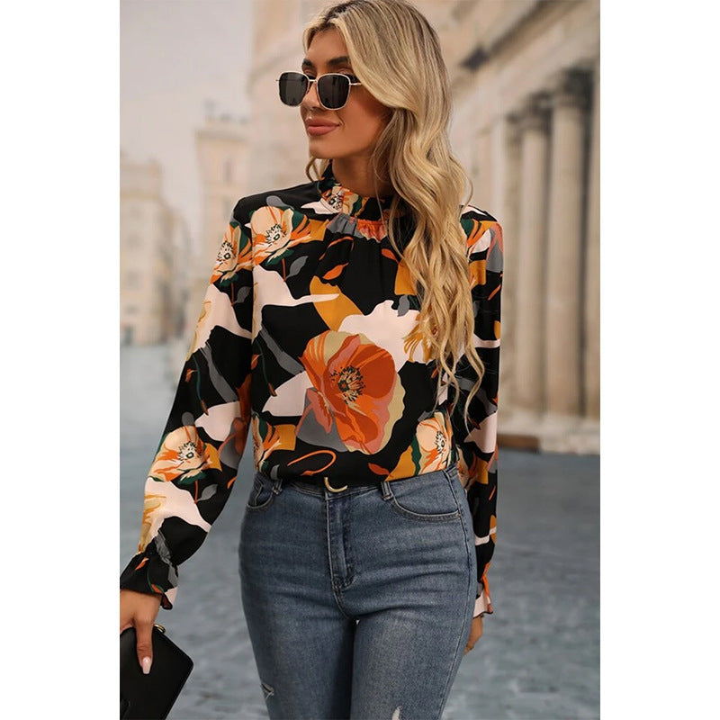 2024 early autumn thin contrast color temperament commuter chiffon shirt women European and American fashion floral print long sleeve pullover women