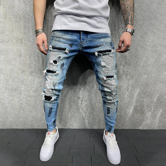 New Fashion Design Hole Slim Jeans Men's Paint Ripped Stitching Skinny Denim Pants Casual Hollow Out Zipper Denim Trousers